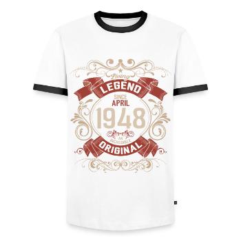 77th Birthday Legend April Born in 1948 - Men's Ringer Shirt - white/black - Front - AI Model Female 172 light (172cm) & AI Model Male 178 dark (178cm)