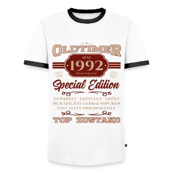 33. Geburtstag Geschenk Mann Oldtimer Mai 1992 - Männer Kontrast-T-Shirt - Weiß/Schwarz - Vorne - AI Model Female 172 light (172cm) & AI Model Male 178 dark (178cm)