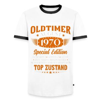 55ème Anniversaire Oldtimer Août Vintage 1970 - T-shirt contrasté Homme - blanc/noir - Devant - AI Model Female 172 light (172cm) & AI Model Male 178 dark (178cm)