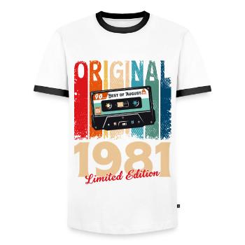 44th Birthday Cassette August 1981 - Men's Ringer Shirt - white/black - Front - AI Model Female 172 light (172cm) & AI Model Male 178 dark (178cm)