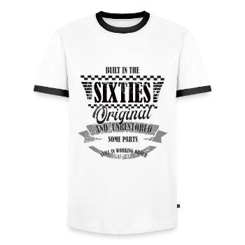 Build in the sixties - 60s - birthday - Men's Ringer Shirt - white/black - Front - AI Model Female 172 light (172cm) & AI Model Male 178 dark (178cm)