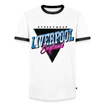 Liverpool Angleterre UK City Skyline Vintage Rétro - T-shirt contrasté Homme - blanc/noir - Devant - AI Model Female 172 light (172cm) & AI Model Male 178 dark (178cm)