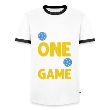Just One More Game Funny Pickleball - Men's Ringer Shirt - white/black - Front - AI Model Female 172 light (172cm) & AI Model Male 178 dark (178cm)