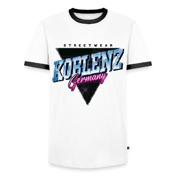 Koblenz Germany City Skyline Vintage Retro - Men's Ringer Shirt - white/black - Front - AI Model Female 172 light (172cm) & AI Model Male 178 dark (178cm)