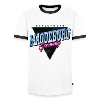 Magdeburg Deutschland Stadt Skyline Vintage Retro - Männer Kontrast-T-Shirt - Weiß/Schwarz - Vorne - AI Model Female 172 light (172cm) & AI Model Male 178 dark (178cm)
