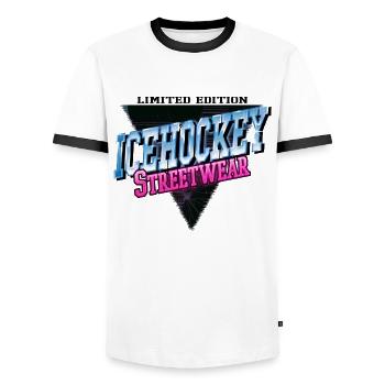 Ice Hockey Sport Neon Vintage Retro Streetwear - Men's Ringer Shirt - white/black - Front - AI Model Female 172 light (172cm) & AI Model Male 178 dark (178cm)