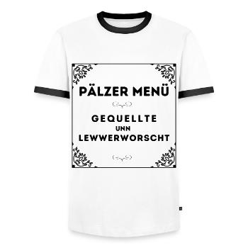 Pfalz Pfälzer pfälzisch Gequellte un Lewwerworscht - Männer Kontrast-T-Shirt - Weiß/Schwarz - Vorne - AI Model Female 172 light (172cm) & AI Model Male 178 dark (178cm)