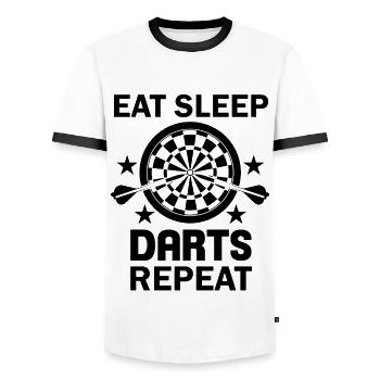 Eat Sleep Darts repeat Game of Darts - Men's Ringer Shirt - white/black - Front - AI Model Female 172 light (172cm) & AI Model Male 178 dark (178cm)