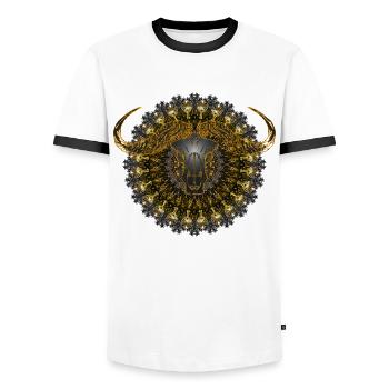 Kaleidoscope Buffalo Skull 01 - Men's Ringer Shirt - white/black - Front - AI Model Female 172 light (172cm) & AI Model Male 178 dark (178cm)