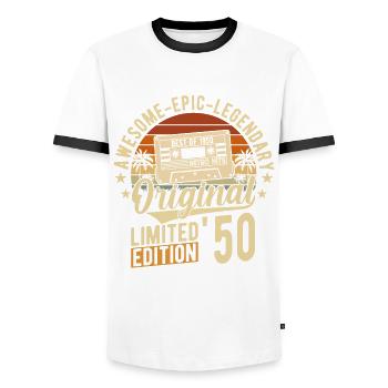 Idée cadeau vintage 74e anniversaire légendaire des années 1950 - T-shirt contrasté Homme - blanc/noir - Devant - AI Model Female 172 light (172cm) & AI Model Male 178 dark (178cm)