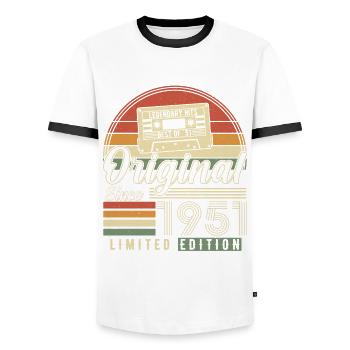 Vintage 73 Birthday 1951 - Men's Ringer Shirt - white/black - Front - AI Model Female 172 light (172cm) & AI Model Male 178 dark (178cm)