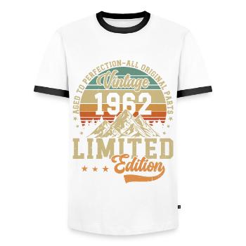 Vintage 1962 - Retro Birthday - Men's Ringer Shirt - white/black - Front - AI Model Female 172 light (172cm) & AI Model Male 178 dark (178cm)