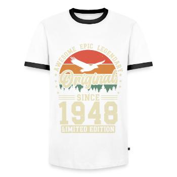 Birthday Joy 1948 - Men's Ringer Shirt - white/black - Front - AI Model Female 172 light (172cm) & AI Model Male 178 dark (178cm)