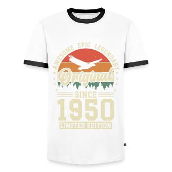 Vintage des années 1950 - cadeau d’anniversaire 74 ans - T-shirt contrasté Homme - blanc/noir - Devant - AI Model Female 172 light (172cm) & AI Model Male 178 dark (178cm)