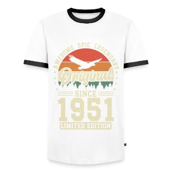 Vintage 1951 - A Legendary Year - Men's Ringer Shirt - white/black - Front - AI Model Female 172 light (172cm) & AI Model Male 178 dark (178cm)