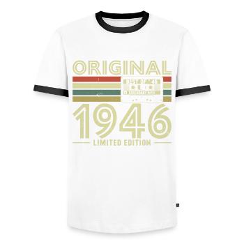 Millésime 1946 - Cadeau d’anniversaire pour 78 ans - T-shirt contrasté Homme - blanc/noir - Devant - AI Model Female 172 light (172cm) & AI Model Male 178 dark (178cm)