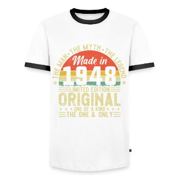 76th Birthday Vintage Retro 1948 - Men's Ringer Shirt - white/black - Front - AI Model Female 172 light (172cm) & AI Model Male 178 dark (178cm)