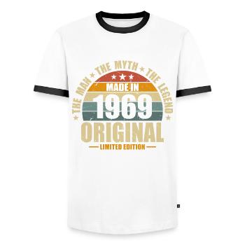 Millésime 1969 - Légende de la fête d’anniversaire - T-shirt contrasté Homme - blanc/noir - Devant - AI Model Female 172 light (172cm) & AI Model Male 178 dark (178cm)