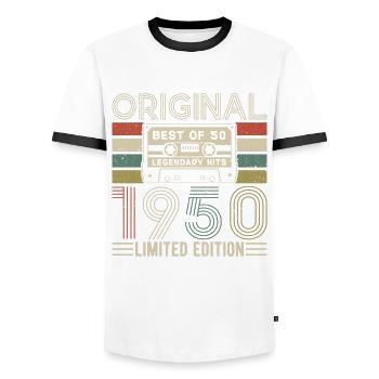Vintage des années 1950 - légendaire 74e anniversaire - T-shirt contrasté Homme - blanc/noir - Devant - AI Model Female 172 light (172cm) & AI Model Male 178 dark (178cm)