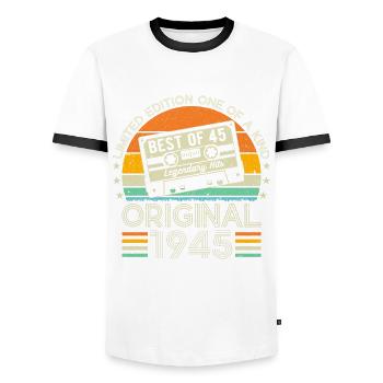 Legendary 79th birthday 1945 - Men's Ringer Shirt - white/black - Front - AI Model Female 172 light (172cm) & AI Model Male 178 dark (178cm)