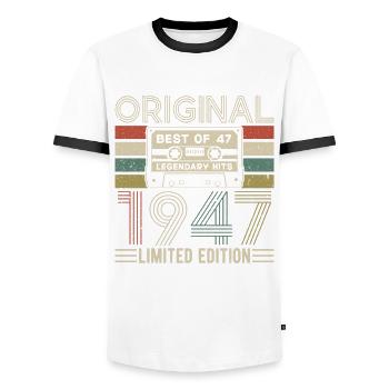 Légende d’anniversaire 1947 - T-shirt contrasté Homme - blanc/noir - Devant - AI Model Female 172 light (172cm) & AI Model Male 178 dark (178cm)