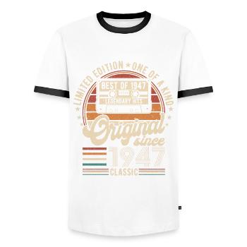 Né en 1947 - 77e anniversaire légendaire - T-shirt contrasté Homme - blanc/noir - Devant - AI Model Female 172 light (172cm) & AI Model Male 178 dark (178cm)