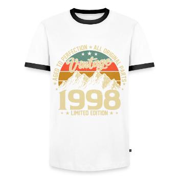 Né en 1998 - Trésor de légende vintage - T-shirt contrasté Homme - blanc/noir - Devant - AI Model Female 172 light (172cm) & AI Model Male 178 dark (178cm)