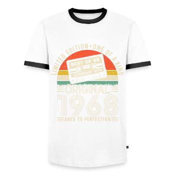Born in 1968 Birthday 1968 Vintage 1968 - Men's Ringer Shirt - white/black - Front - AI Model Female 172 light (172cm) & AI Model Male 178 dark (178cm)