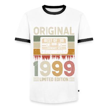 Anniversary journey through time 1999 - Men's Ringer Shirt - white/black - Front - AI Model Female 172 light (172cm) & AI Model Male 178 dark (178cm)