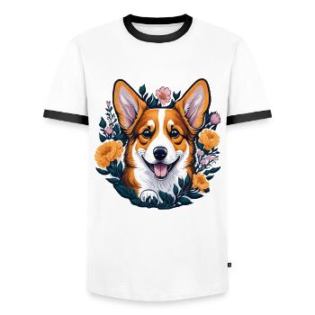 Chien Corgi mignon avec des fleurs Corgi Dogs - T-shirt contrasté Homme - blanc/noir - Devant - AI Model Female 172 light (172cm) & AI Model Male 178 dark (178cm)