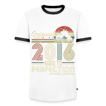2016 Birthday 2016 Born In 2016 Birthday - Men's Ringer Shirt - white/black - Front - AI Model Female 172 light (172cm) & AI Model Male 178 dark (178cm)