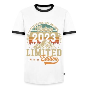 Eleganter Vintage: 2023 Retro Geschenk 2023 2025 - Männer Kontrast-T-Shirt - Weiß/Schwarz - Vorne - AI Model Female 172 light (172cm) & AI Model Male 178 dark (178cm)