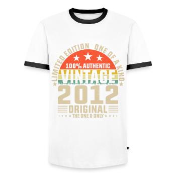 Vintage 2012 aged to perfection - Men's Ringer Shirt - white/black - Front - AI Model Female 172 light (172cm) & AI Model Male 178 dark (178cm)