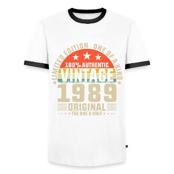 Unique 1989 Vintage Retro Design - Men's Ringer Shirt - white/black - Front - AI Model Female 172 light (172cm) & AI Model Male 178 dark (178cm)