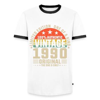Vintage 1990's Birthday Retro Look - Men's Ringer Shirt - white/black - Front - AI Model Female 172 light (172cm) & AI Model Male 178 dark (178cm)