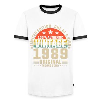 1989 Geburtstagsgeschenk 1989 Jahrgang 1989 Geschenk - Männer Kontrast-T-Shirt - Weiß/Schwarz - Vorne - AI Model Female 172 light (172cm) & AI Model Male 178 dark (178cm)