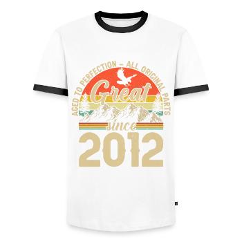 Vintage 2012 aged to perfection - Men's Ringer Shirt - white/black - Front - AI Model Female 172 light (172cm) & AI Model Male 178 dark (178cm)