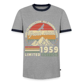 Vintage 1959 - Legendary Birth Year - Men's Ringer Shirt - grey/navy  - Front - AI Model Female 172 light (172cm) & AI Model Male 178 light (178cm)