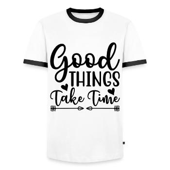 Good things take time Motivation Quotes - Men's Ringer Shirt - white/black - Front - AI Model Female 172 light (172cm) & AI Model Male 178 dark (178cm)