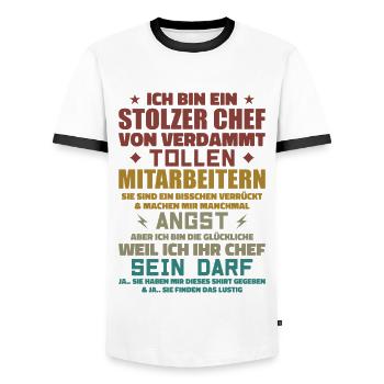 A proud of damn great employees - Men's Ringer Shirt - white/black - Front - AI Model Female 172 light (172cm) & AI Model Male 178 dark (178cm)