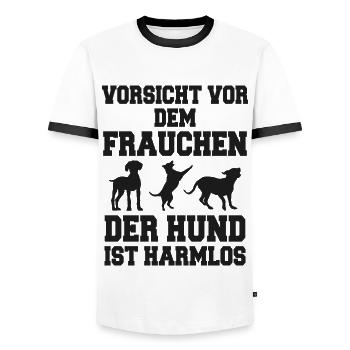 Beware of the Dog Dog Gift Puppy Mistress - Men's Ringer Shirt - white/black - Front - AI Model Female 172 light (172cm) & AI Model Male 178 dark (178cm)