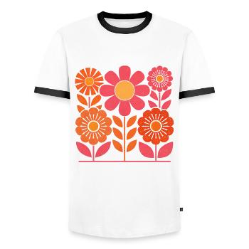 Retro Pink and Orange Flowers with Leaves - Men's Ringer Shirt - white/black - Front - AI Model Female 172 light (172cm) & AI Model Male 178 dark (178cm)
