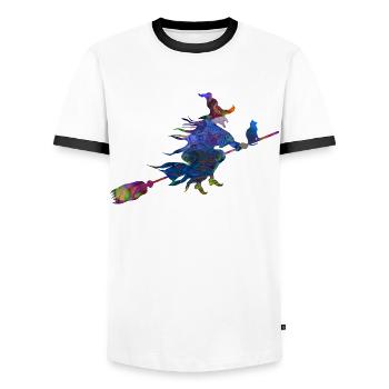 Halloween Hexe Hexenbesen Katze bunt magisch 2 - Männer Kontrast-T-Shirt - Weiß/Schwarz - Vorne - AI Model Female 172 light (172cm) & AI Model Male 178 dark (178cm)