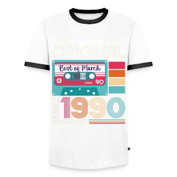 33 Birthday Man March Born 1990 Fun Cassette - Men's Ringer Shirt - white/black - Front - AI Model Female 172 light (172cm) & AI Model Male 178 dark (178cm)