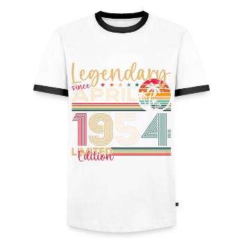 69th birthday man April Born 1954 Legendary - Men's Ringer Shirt - white/black - Front - AI Model Female 172 light (172cm) & AI Model Male 178 dark (178cm)