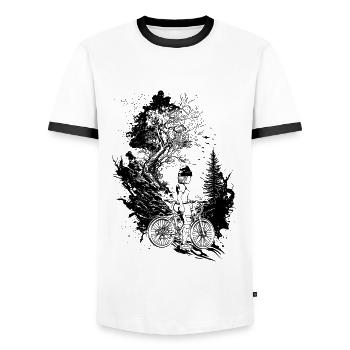 Trail-Ready: Das perfekte Shirt für Mountainbiker! - Männer Kontrast-T-Shirt - Weiß/Schwarz - Vorne - AI Model Female 172 light (172cm) & AI Model Male 178 dark (178cm)