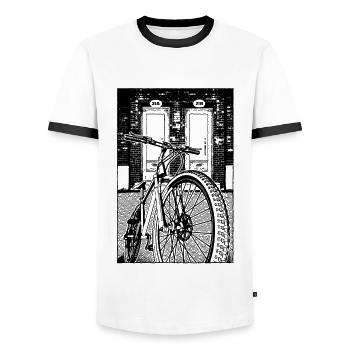 The lonely bike: Discover new paths in the city - Men's Ringer Shirt - white/black - Front - AI Model Female 172 light (172cm) & AI Model Male 178 dark (178cm)