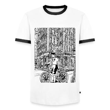 Lässiges Comic-MTB-T-Shirt für den urbanen Look. - Männer Kontrast-T-Shirt - Weiß/Schwarz - Vorne - AI Model Female 172 light (172cm) & AI Model Male 178 dark (178cm)