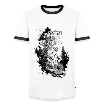 "Nature is calling": Biker on the road through the backdrop of trees - Men's Ringer Shirt - white/black - Front - AI Model Female 172 light (172cm) & AI Model Male 178 dark (178cm)