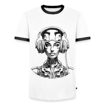 Cool sci-fi cyborg portrait shirt for music fans - Men's Ringer Shirt - white/black - Front - AI Model Female 172 light (172cm) & AI Model Male 178 dark (178cm)